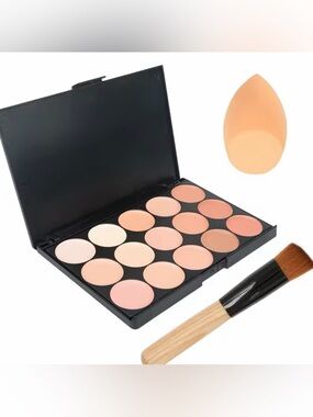 Neutral Concealer Palette with Brush and Sponge - 15 Shade Set